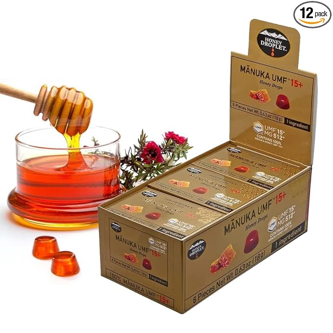 HONEY DROPLET] UMF™15+ (MG 512+) 100% Manuka Honey Drops Truly Natural from New Zealand 1 Premium Ingredient 12 Packs (Original Flavor)
