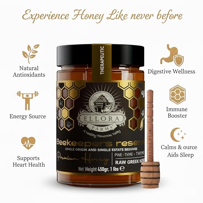 Ellora Farms Organic Greek Honey Bundle – Pine-Thyme &amp Wild Thyme Raw Pure Unfiltered Award-Winning Cold-Pressed Gluten-Free Gift Pack with Dipper – 2x450g