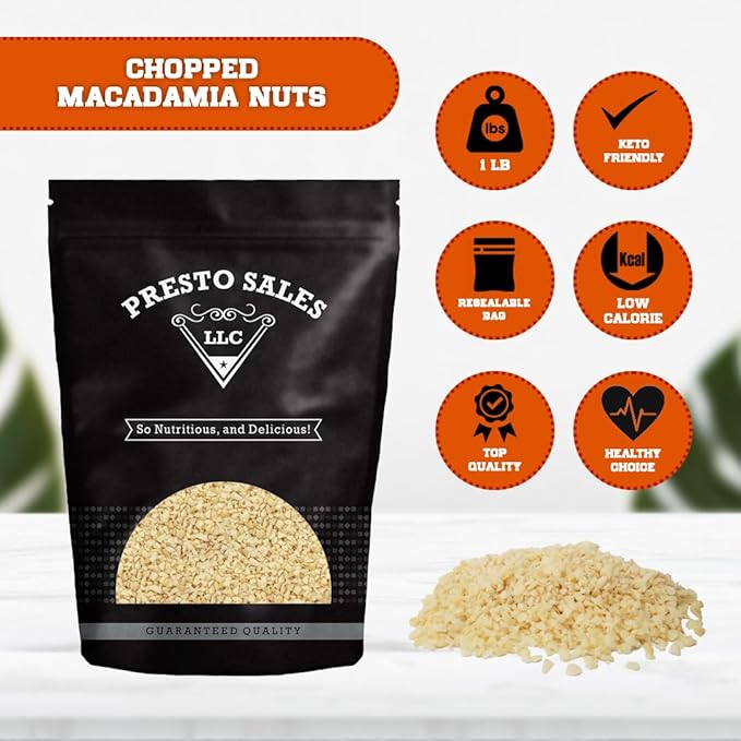 Macadamia nuts Fresh Raw Chopped | Great for decorations | KETO friendly Vegan Alternative Low-carb packed in a resealable pouch bag of 1 lbs. (16 oz.) by Presto Sales LLC
