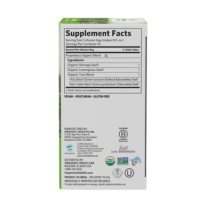 ORGANIC INDIA Tulsi Moringa Tea Bags- Holy Basil Lemongrass Moringa Leaves Calming Immune Support Tea USDA Organic Caffeine Free- 18 Bags 3 Pack