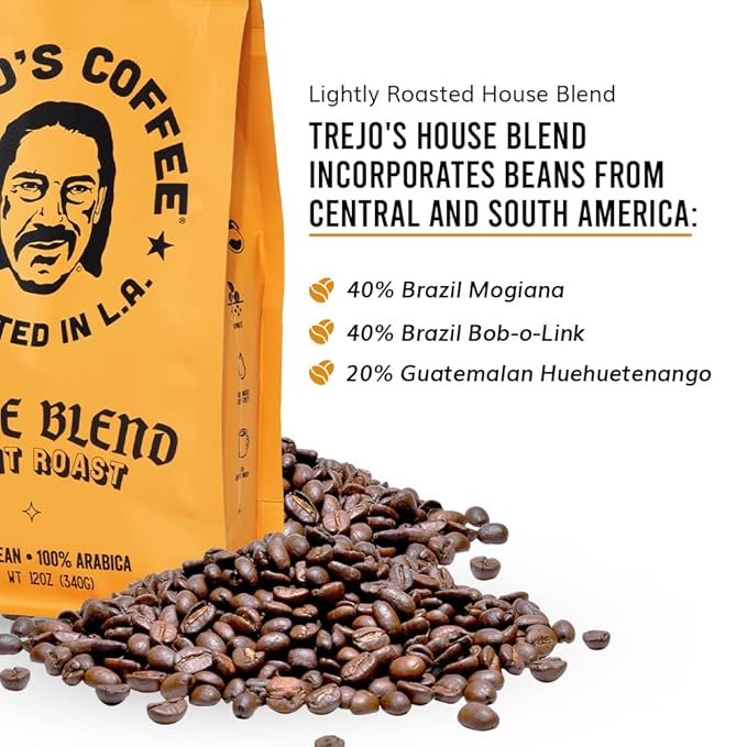 Trejo's Coffee House Blend Light Roast Whole Bean Coffee 12 Ounce Bag 100% Arabica