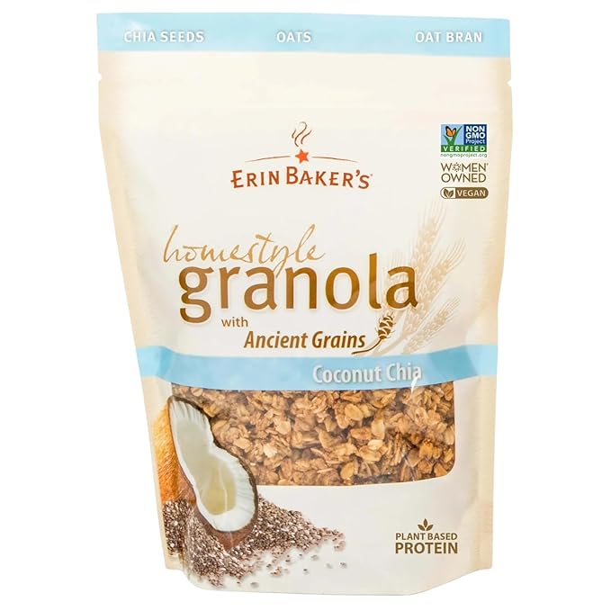 Erin Baker’s Homestyle Coconut Chia Granola with Ancient Grains - Made from Natural Ingredients Crunchy Texture Versatile Snack or Cereal - Vegan Friendly Non-GMO Resealable 160oz Bag 1‑Pack