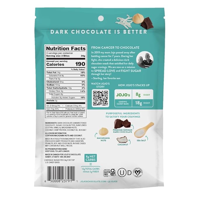 JOJO's Dark Chocolate Macadamia Coconut Healthy Snack Low Sugar Low Carb Gluten Free Non GMO Paleo &amp Keto Friendly Made with Plant Based Hemp Protein Vegan (4 Count)