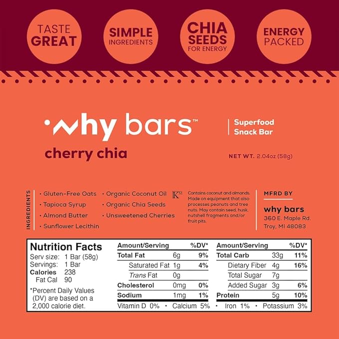 Superfood Protein Bars 2.04 Ounce Bars - Protein Bar Superfood Gluten Free Non GMO Organic Vegan Simple Ingredients (Cherry Chia)