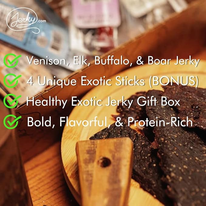 Jerky.com Exotic Jerky Gift Box | 8pc Wild Game Exotic Jerky Variety Pack with Venison Elk Wild Boar &amp Buffalo | High Protein Low Fat Keto Exotic Meat Snacks Jerky Gifts | Birthday Gifts for