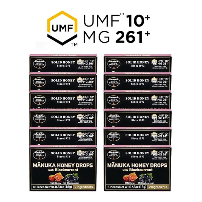 HONEY DROPLET] UMF™10+ (MG 261+) 100% Manuka Honey Drops Truly Natural from New Zealand 2 Premium Ingredients 12 Packs (Blackcurrant Flavor)