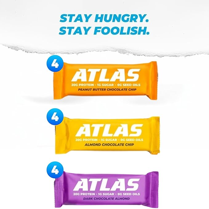 Atlas Real Food Protein Bar – 20g Clean Protein 1g Sugar No Seed Oils No Artificial Sweeteners (Variety 12 Count)