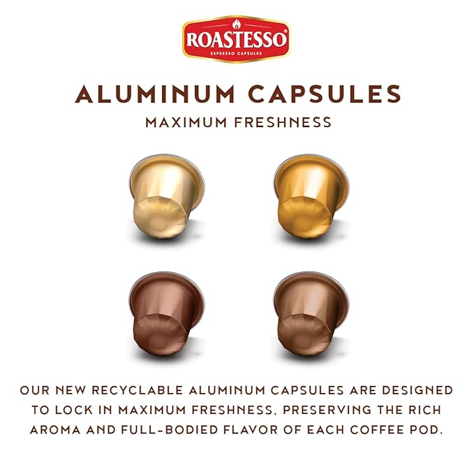 Roastesso Aluminum Espresso Capsules Flavors Variety Pack Natural Flavored Coffee Pods with French Vanilla Caramel Chocolate &amp Hazelnut Compatible with Nespresso Original Machines (40 Count)