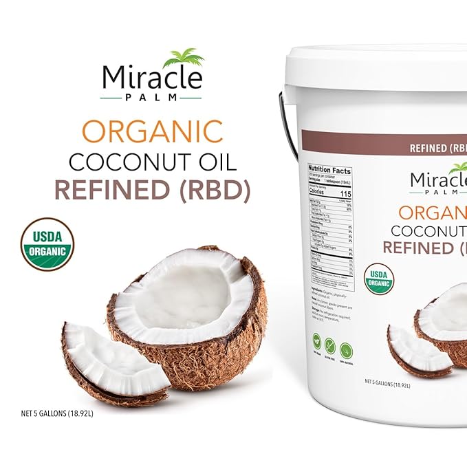 Coconut Oil Bulk - Organic Naturally Refined Coconut Oil (RBD) by Miracle Palm - Vegan Tasteless Non-GMO &amp Gluten Free - Ideal for Skin &amp Hair Care (5 Gallons)