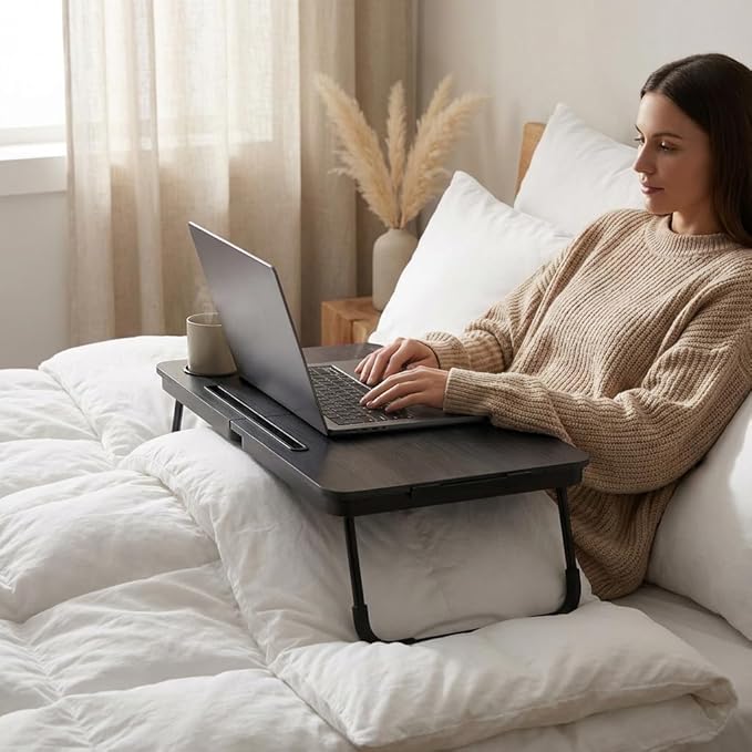 BUYIFY Foldable Laptop Bed Desk for Couch Sofa - Large Lap Desk Tray Table with Cup Holder and Tablet Slot - Portable Notebook Stand for Eating Writing Studying and WFH (Black)- USA Original Patent