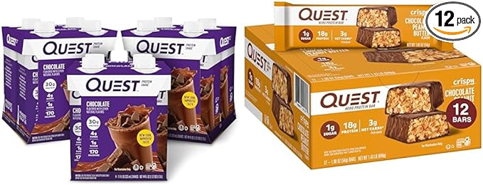 Quest Protein Shake Chocolate 12 Pack and Crispy Chocolate Peanut Butter Hero Protein Bars 12 Count
