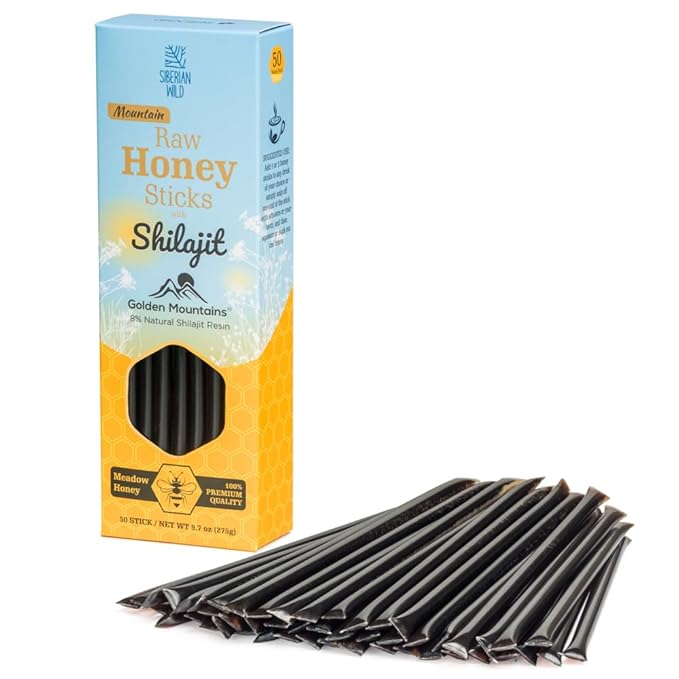 50-pack Siberian Wild Meadow Flowers Honey Sticks with Shilajit 8% Raw Siberia Meadow Flower Honey Golden Mountains Snack