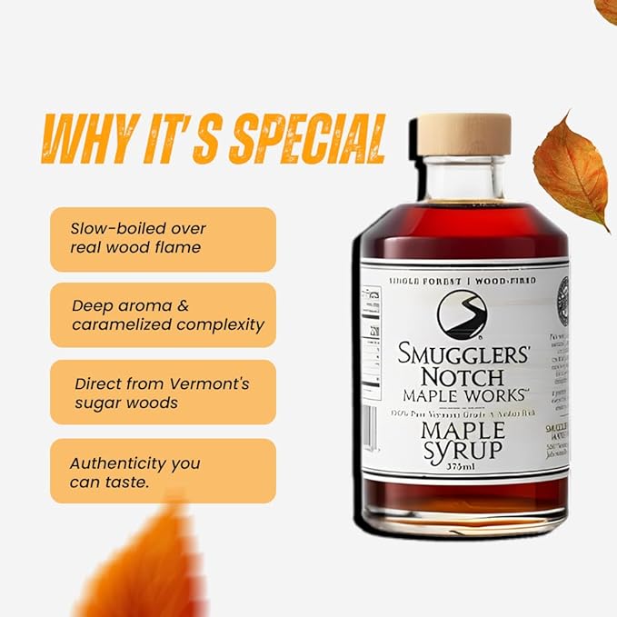 Smugglers’ Notch Maple Works – Single Forest Wood Fired – 100% Pure Vermont Maple Syrup – Natural Sweetener &amp Gluten Free – Rich Taste – Waffles and Pancakes Cocktails Marinades 12.68 Fl Oz. (3