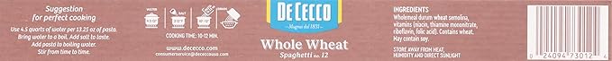 De Cecco Whole Wheat Pasta Spaghetti 13.25 Ounce (Pack of 12)VIP0012