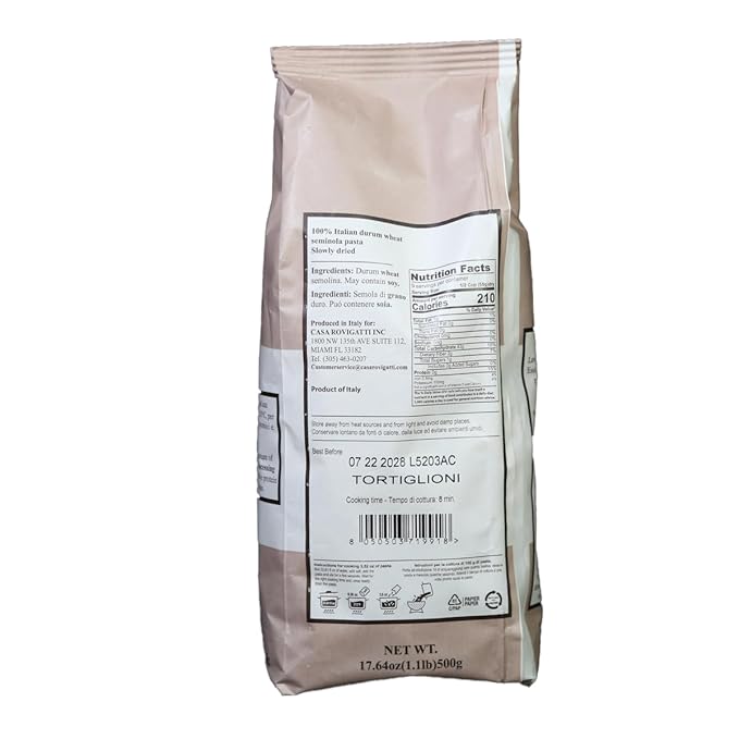 Casa Rovigatti Tortiglioni Pasta Italian Durum Wheat Semolina Bronze Extruded Artisanally Produced 17.64 oz (1.1 lb) 500g Pack of 4