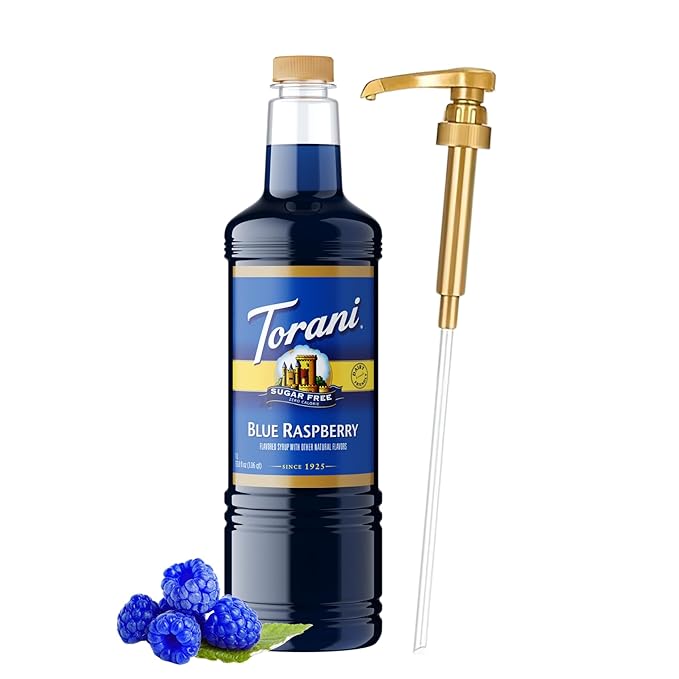 Torani Sugar Free Blue Raspberry Syrup 1 Liter Bottle with Pump Keto Friendly Zero Calorie Low Carb Diabetic Safe Flavoring for Coffee Shakes Snow Cones and Cocktails