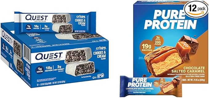 Quest Cookies &amp Cream Hero Protein Bar with Pure Protein Chocolate Salted Caramel High Protein Bars 12 Count Each