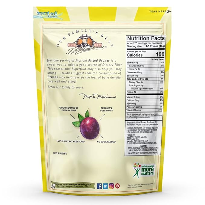 Mariani Pitted Prunes | Dried Fruit | Healthy Snacks for Kids &amp Adults | Vegan Snacks | Gluten Free Snacks | No Sugar Added Fat Free Cholesterol Free | 36 Ounces (Pack of 1)