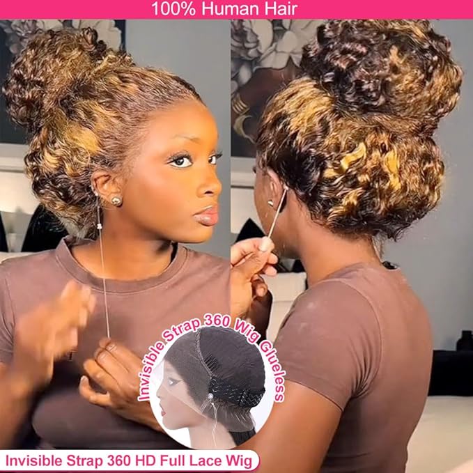 Hidden Strap 360 Water Wave 220% Density Honey Blonde Deep Curly Human Hair wig Ombre Deep Wave 4/27 Highlight Lace Front Wigs Pre Plucked Wet And Wavy Water Wave Wig for Women 18 Inch