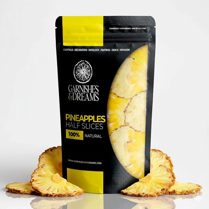 Garnishes &amp Dreams Dehydrated &amp Dried Pineapple Half Slices (7oz) – Natural Tropical Fruit Rings for Cocktails Mixology Desserts &amp Snacking No Sugar Added Edible Fruit Garnish