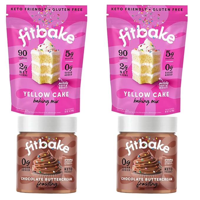FitBake Yellow Cake Baking Mix and Chocolate Frosting | 0g to 2g Net Carbs Per Serving | Keto Friendly Low Carb Food | Naturally Sweetened Keto Snacks | Gluten Free Desserts | No Added Sugar