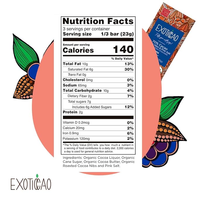 EXOTICCAO 8 Pack Cacao Nibs &amp Pink Salt Organic Dark Chocolate Bars|Cane Sugar|Gluten-Free Vegan Non GMODairy free Soy Free|70% Cacao|2.47 oz Each