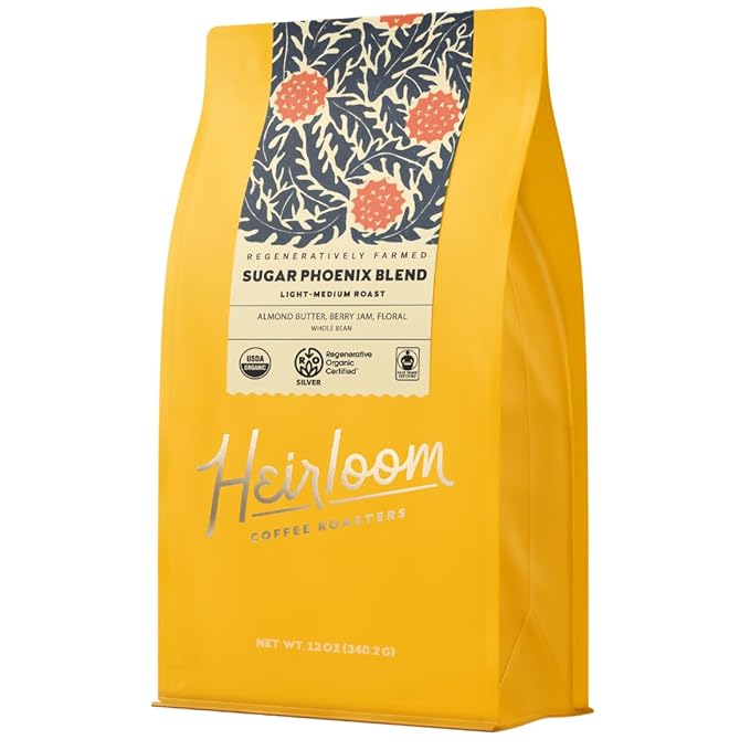 Heirloom Coffee Roasters - Sugar Phoenix Blend - Medium Roast - Whole Bean Coffee - 100% Regenerative Organic Certified 12oz