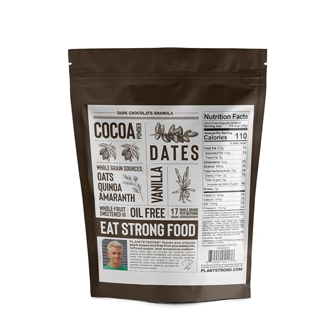PLANTSTRONG Dark Chocolate Granola – Whole Grain Oil-Free Granola Sweetened Only with Dates Made from Whole Plants Handmade Small Batch Crunchy Breakfast Cereal or Snack (4-Pack (9 oz Bags))