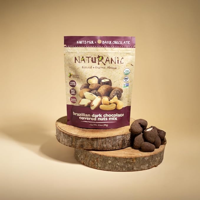 Naturanic Brazilian Dark Chocolate Covered Nuts Snack No sugar Keto friendly Net Carb Zero All NAtural Organic Vegan - Pack of 12