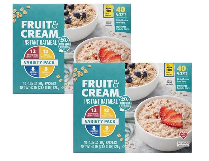 Fruit and Cream Instant Oatmeal Variety Pack 40 Packets 1.05 oz Each Strawberries Blueberries Bananas Peaches Flavors 20g Whole Grain (2 Paxk)