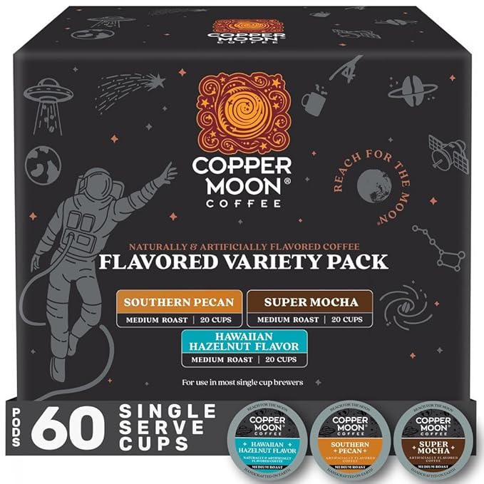Copper Moon Single Serve Coffee Pods For Keurig K-Cup Brewers Flavored Variety Pack (Hawaiian Hazelnut Southern Pecan Super Mocha) 60 Count