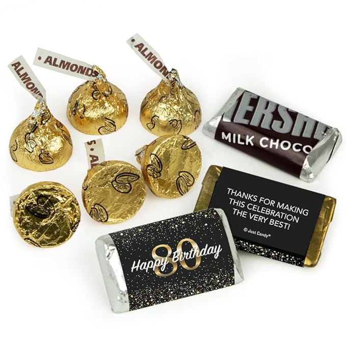 124 Pcs 80th Birthday Candy Party Favors Miniatures Chocolate &amp Gold Almond Kisses (1.52 lbs Approx. 124 Pcs)