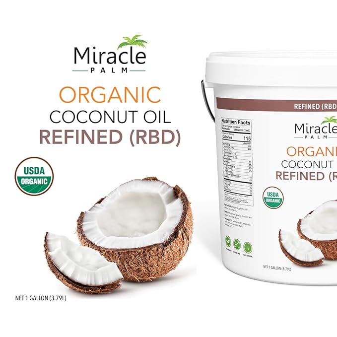 Miracle Palm Organic Refined Coconut Oil Gallon - USDA RBD 1 Gallon (Pack of 2) - Gluten Free Vegan Paleo - Ideal Coconut Oil for Cooking Baking Frying Hair &amp Skincare - Tasteless &amp Deod