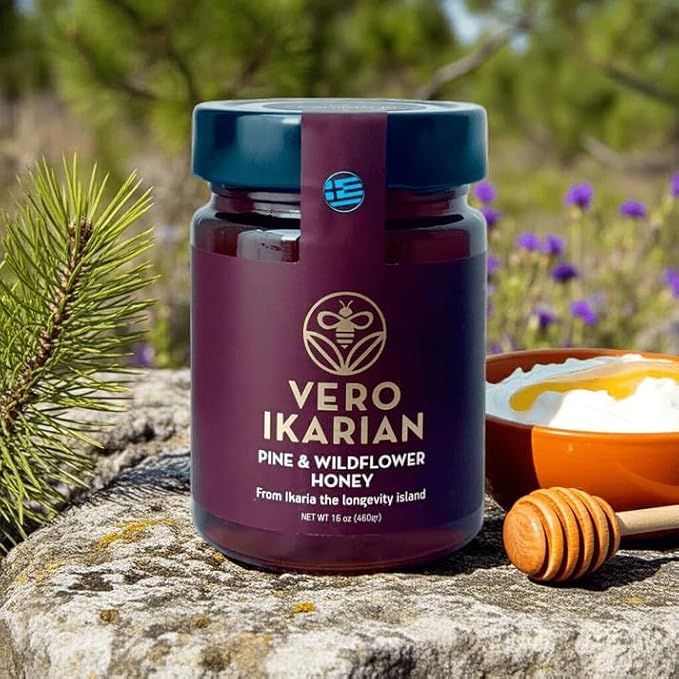 Greek Superherbs Ikaria Honey - 100% Organic Raw Unfiltered Blue Zone Longevity Honey with Earthy Flavor - Antioxidant Rich for Wellness Energy &amp Immunity Support | Pine &amp Wildflower (16 oz