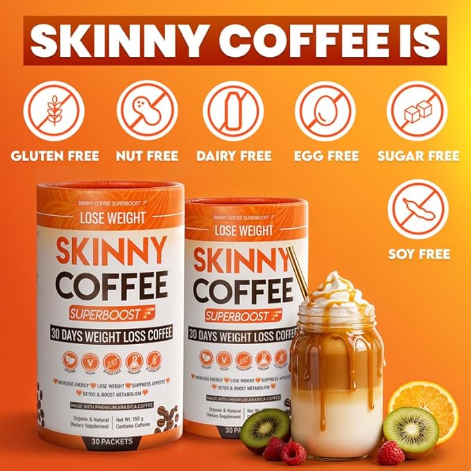 Skinny Coffee Super Boost Weight Loss Coffee Belly Fat Burner for Women &amp Men Sugar-Free Keto Vegan Reduces Bloating Supports Energy &amp Metabolism Appetite &amp Cravings Control (60 Servi