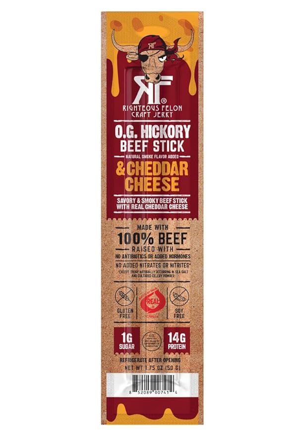 Righteous Felon Craft Jerky O.G. Hickory Beef Sticks &amp Cheddar Cheese Combo 1.75 oz 10-Count Bulk Pack