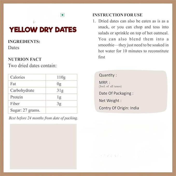 Generic Yellow Dry Dates/Peela Sukha Khajoor/kharak100% Natural | Rich in Calcium Iron and Potassium | Instant Energy -100 GRAM