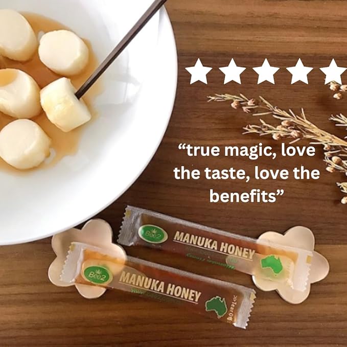 Bee2 Manuka Honey Stick MGO 300+ 100% Raw &amp Pure Organic Manuka Honey (Equiv. to UMF 10+) 30 Single-Serve Stick (0.42oz each) I Convenient for Tea Travel &amp Immune Support Certified Authenti