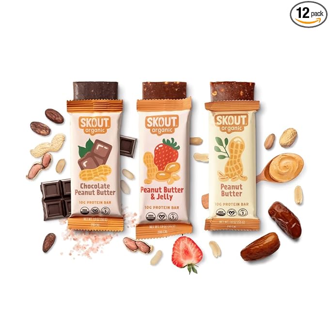 Skout Organic Plant-Based Protein Bars Variety Pack (12 Pack) 3 Flavors - 10g Protein - Vegan Protein Bars - Only 6 Ingredients Or Less - Easy Snack - Gluten Dairy Grain &amp Soy Free