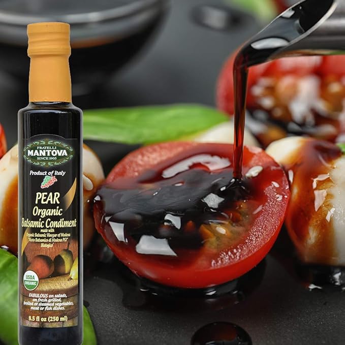 Mantova Organic Flavored Balsamic Vinegar of Modena 4-Variety Pack: Fig Pear Pomegranate &amp Raspberry Perfect for Gift Basket Add to Pasta Salad Ice Cream and Cocktails 8.5 oz per bottle