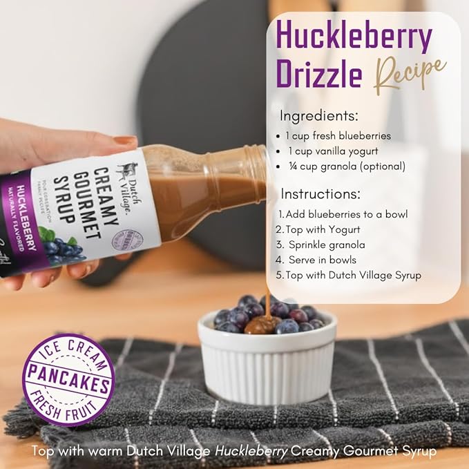 Creamy Gourmet Breakfast &amp Dessert Syrup | Organic Ingredients - Clean Label | No Preservatives Artificial Flavors or Corn Syrup | Gluten-Free | Dutch Village Huckleberry 12 fl oz -2 PK