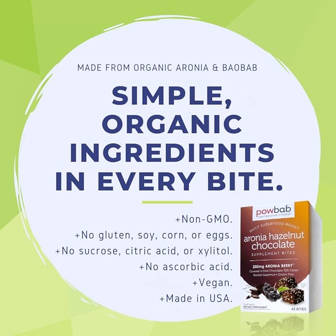 powbab Aronia Hazelnut Chocolate Bites - Organic Aronia Berry. 33% Less Sugar. Organic Dark Chocolate 72% Cacao Fair Trade. Immune Support Vitamin C Baobab. Gluten Free Cookies (42 count)