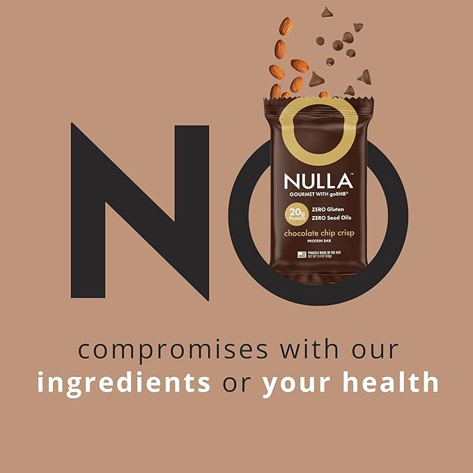Nulla Gourmet Protein Bar with goBHB &amp Honey – Chocolate Chip Crisp – 20g Protein Zero Seed Oils Gluten Free Dual-Fuel Performance Energy Snack – Clean Ingredients