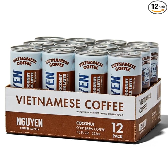 Nguyen Coffee Supply - Coconut: Vietnamese Cold Brew Iced Coffee 100% Robusta Low Sugar Dairy-Free 7.5 fl oz cans [12 Pack]
