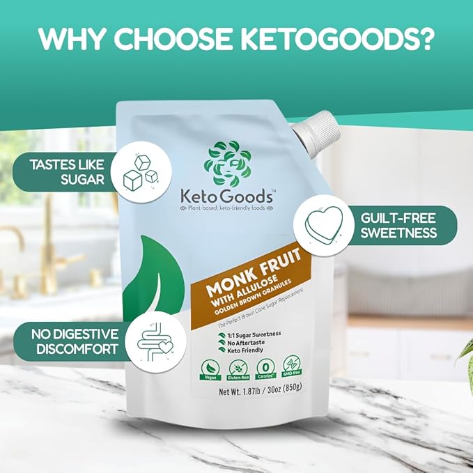 Keto Goods Monk fruit Sweetener with Allulose - Brown Sugar Substitute with 1:1 Sugar Sweetness No Erythritol - Ideal for Baking - Perfect Brown Allulose Granules - Keto Friendly Zero Calorie Sweetene
