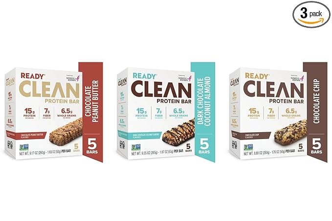 Ready Clean Protein Bars Variety pack Chocolate Peanut Butter Chocolate Chip Dark Chocolate Coconut Almond 5 servings per case total 3 cases/15 individual servings.