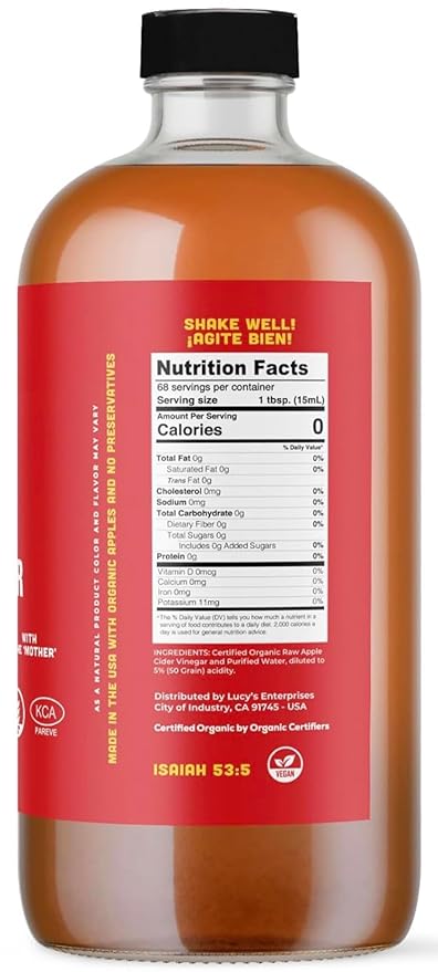 Lucy's Family Owned - USDA Organic NonGMO Raw Apple Cider Vinegar Unfiltered Unpasteurized With the Mother 34oz GLASS Bottle