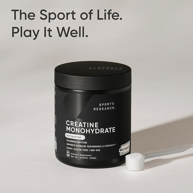 Sports Research® Creatine Monohydrate Powder w/Creapure® - Gain Lean Muscle Improve Performance &amp Support Workout Recovery* - 5g German Creatine · NSF Sport · Easy Mixing - 90 Servings (Unflavor