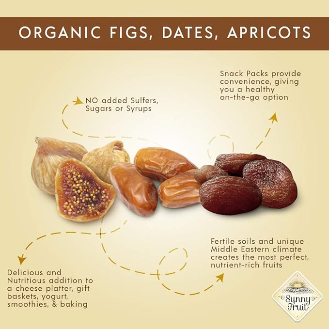 Sunny Fruit Organic Dried Fruit Assortment - Dates Figs &amp Apricots Variety 3 Bags (15 Individual Portion Packs) | No Preservatives No Sugar Added | ORGANIC NON-GMO VEGAN HALAL KOSHER