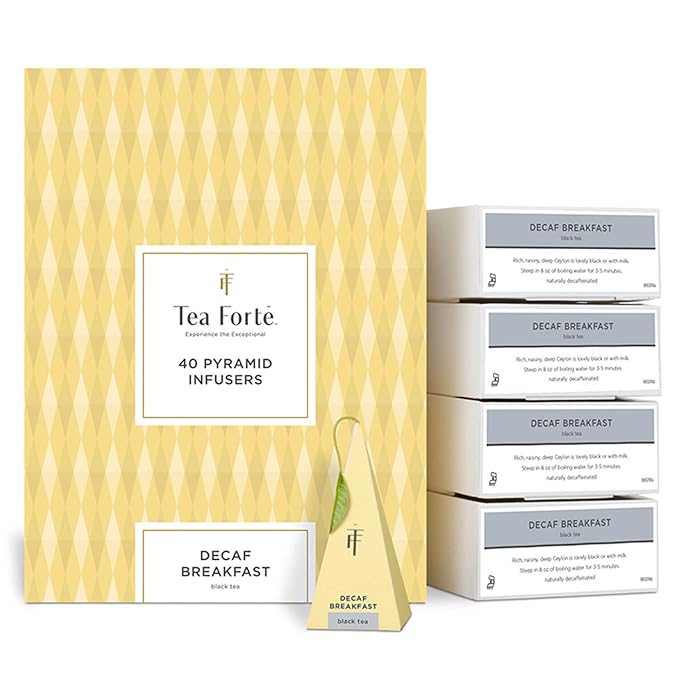 Tea Forte Decaf Breakfast Premium Caffeine-Free Black Tea Blend Event Box Bulk Pack 40 Count 10 per tray Individually Wrapped Handcrafted Pyramid Infusers